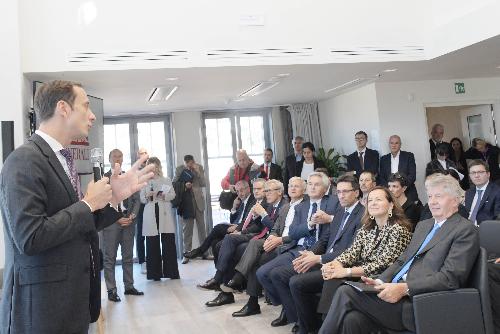 Il governatore del Friuli Venezia Giulia Massimiliano Fedriga interviene a Trieste all'inaugurazione del ristrutturato Palazzo Berlam, sede di Generali Academy Group, il nuovo centro di formazione globale del Gruppo